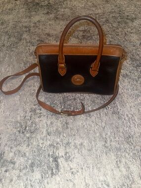 Dooney & Bourke Black Pebbled Leather Satchel with Tan Trim and Strap